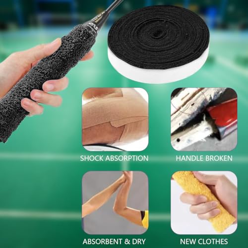 Proberos® Badminton Towel Grip Tape 10 Meters Super Anti-Skid Absorb Sweat Self-Adhesive Racket Handle Support Overgrip Replacement Sweat Absorbing Black 3PCS
