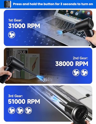 STHIRA® Electric Air Duster 2 In 1 Air Blower Air Pump with 5 Nozzles, 3-speed Air Duster with LED Light USB Cordless Handheld Compressed Air Blower for Car Dusting, Keyboard Maintenance