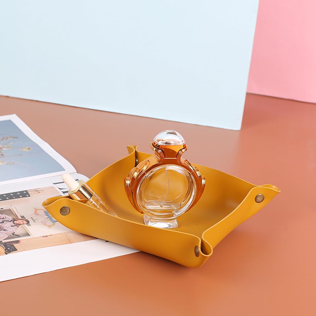 MAYCREATE 3Pcs Leather Valet Tray Organizer, Jewelry Tray, Desk Organizer Leather Catchall Tray for Jewelry/Key/Sun Glasses/Watch/USB Cables/phone etc. For Travel, Home Or Office, Yellow