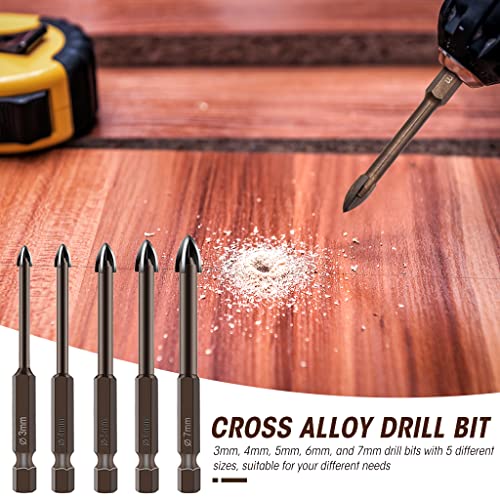 Serplex® 15PCS Glass Tile Concrete Drill Bit Set, Multi-Function Triangle Cross Alloy Drill Bit Tip Tools, Hex Shank Tungsten Carbide Tip Drilling Tools for Glass, Ceramic Tile Wall, and Wood (3-7 mm)