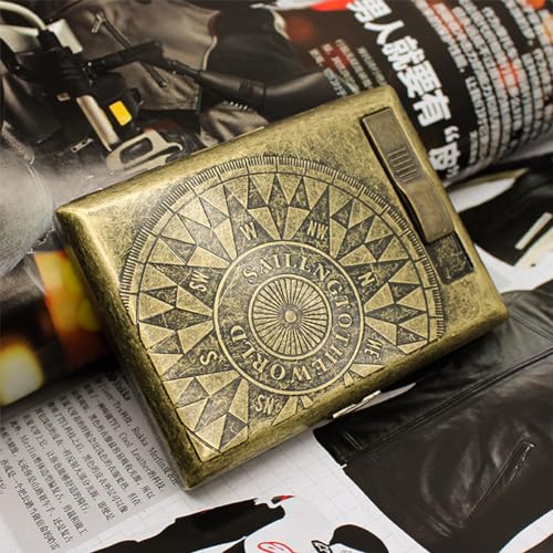 GUSTAVE® Retro Metal Cigarette Case for Men USB Rechargeable Flameless Coil Lighter fits up to 40PCS Regular Cigarettes 85mm Gift Compass