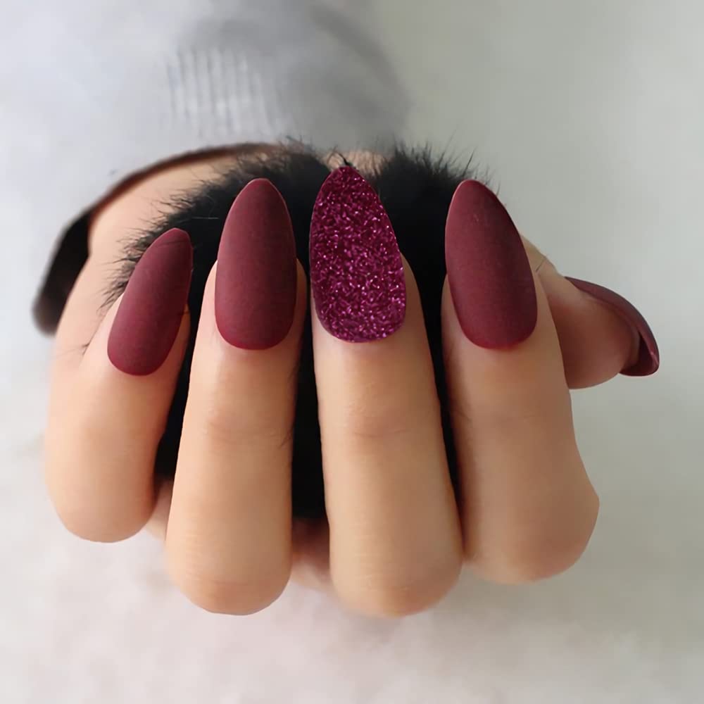 MAYCREATE Artificial Nails for Women, Matte Acrylic Full Cover, Double Sided Adhesive Tabs, False Ballerina Nails Extension with Nail Art, Rose Red, 24pcs