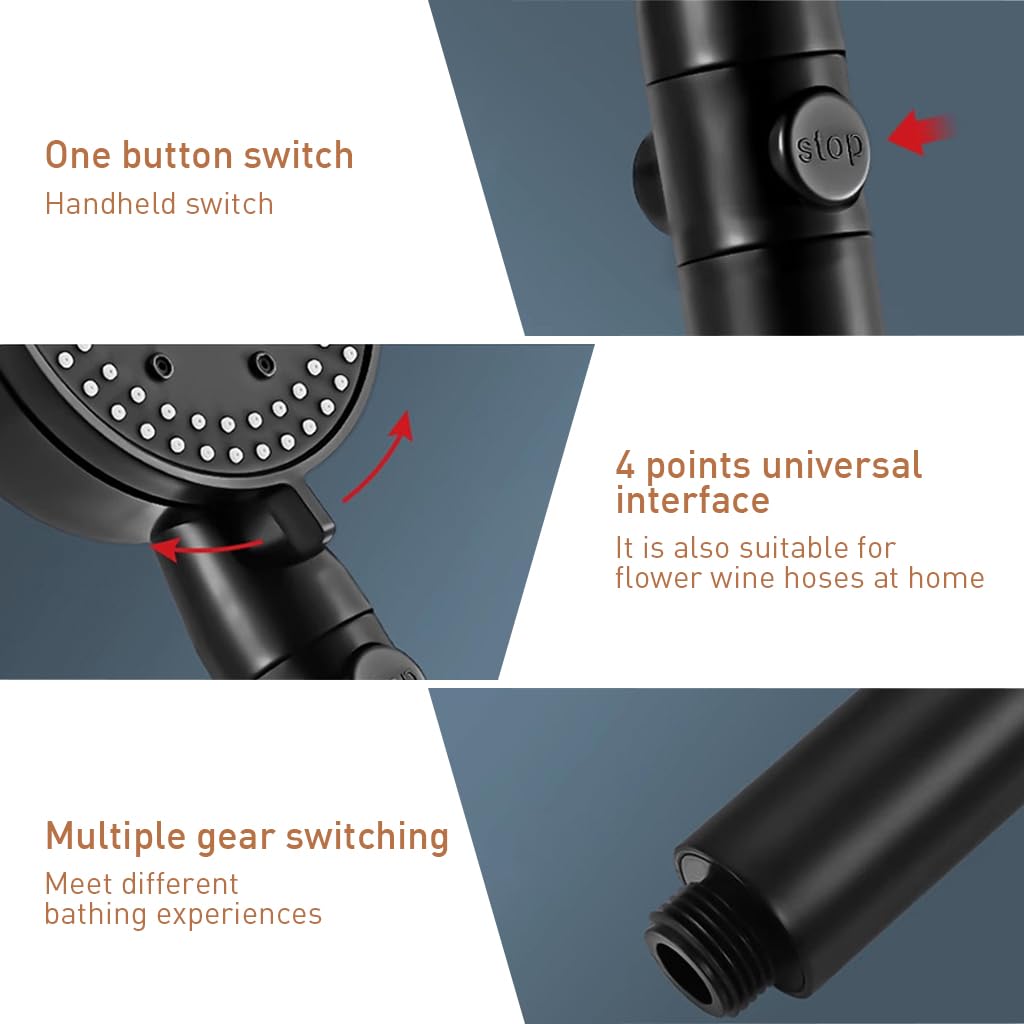 HASTHIP Hand Shower for Bathroom, Advanced Turbo Pressurized Shower Head with 8 Bathing Modes, Home Bath Shower Nozzle Water Heater Filter Shower with 1.4m Zinc Steel Hose and Shower Stand