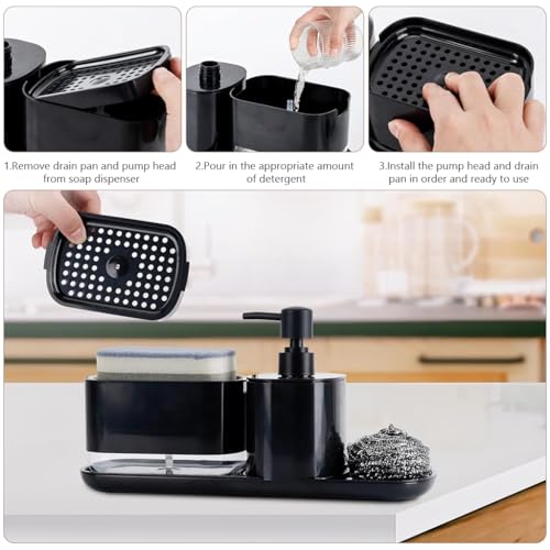 HASTHIP® Metal Kitchen Soap Dispenser Set with Sponge Drain Rack Tray and Dishcloth Holder Sink Countertop Pump for Bathroom Black 3 PCS