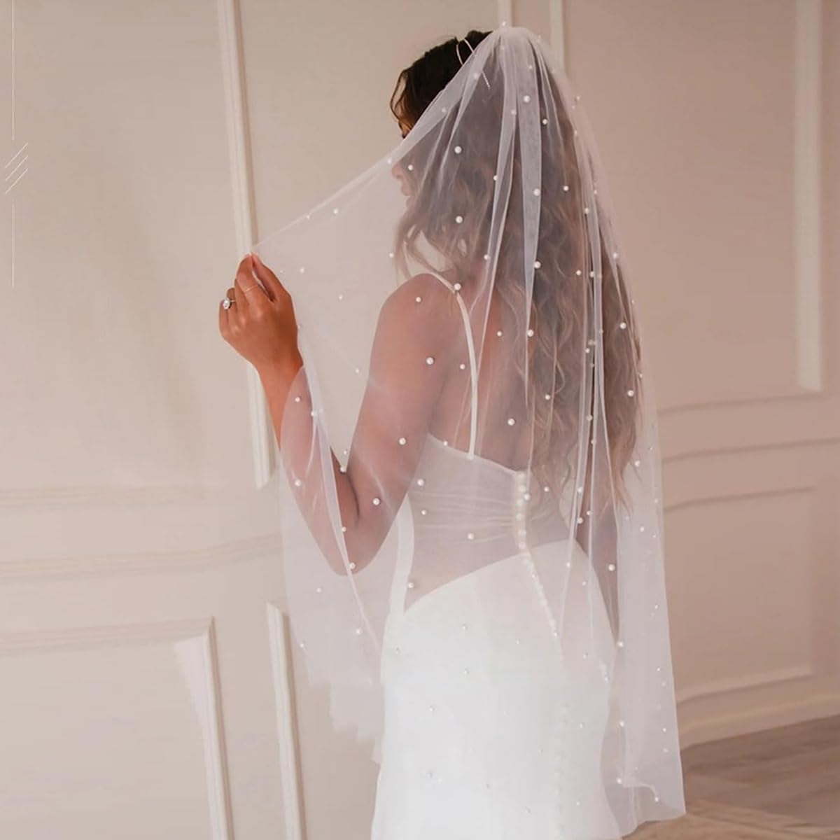 PALAY Pearl Bridal Veil for Wedding White 1 Tier 1m Cathedral Tulle Veil with Comb, Elegant Fingertip Length Wedding Veil for Bride