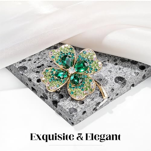 SANNIDHI® 2Pcs Green Clover Leaf Brooch Pin for Women, Gold Plated Vintage Rhinestone Saree Brooches, Lucky Crystal Jewelry Gift, Elegant Saree, Dress, Blazer, Shawl Accessory, Durable Metal