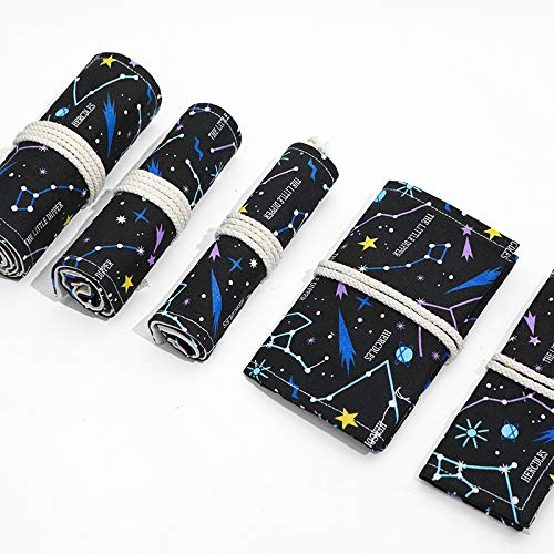 PATPAT 48 Holes Canvas Pencil Wrap Case for Adults and Kids, Colored Pencil Roll Up Canvas Pouch Package for Sketching Drawing Writing Storage-constellation (Night Sky(48 holes))