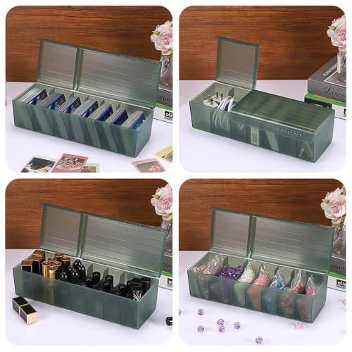 ZIBUYU® OwnMy Plastic Trading Card Storage Box with Fixed 6 Dividers, Holds 300+ Cards, Transparent Organizer Case with Writable Labels, Dustproof, Green-DarkGreen, 29x10.4x8.1cm, 1 Pack