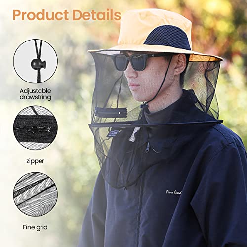 Proberos Sun Hat for Men Women with Detachable Mesh Face Cover, Multi-Function Wide Brim Summer Sun Cap with Mosquito Proof Net Bucket, Foldable Bucket Hat for Fishing, Farming, Beekeeper Pick Honey