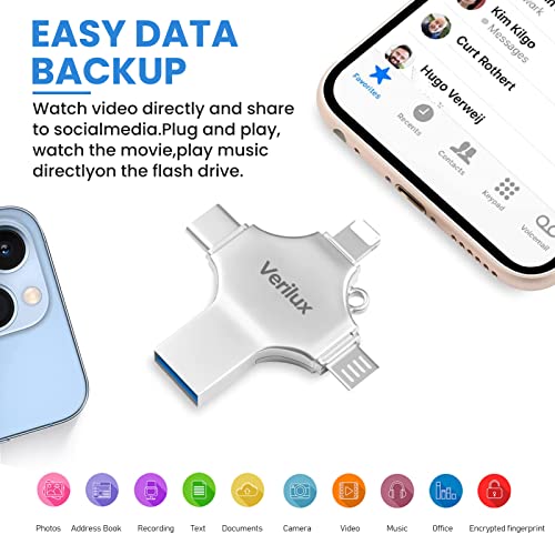 Verilux® Flash Drive 64GB 4 in 1 Pendrive with Light-ning Micro USB USB A Type-C Interface Mini Hangable Pen for iOS Android Compatible with Phone Pad PC and More Devices 3 PCS