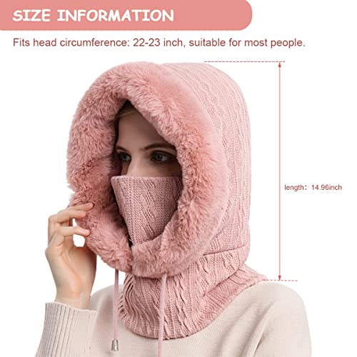 PALAY Winter Caps for Women Girls One-piece Knit Thick Warm Winter Hat with Neck Hood Scarf & Windproof Mask, Fashion Snow Proof Fleece Lined Winter Hat for Outdoor, Riding, etc (Pink)
