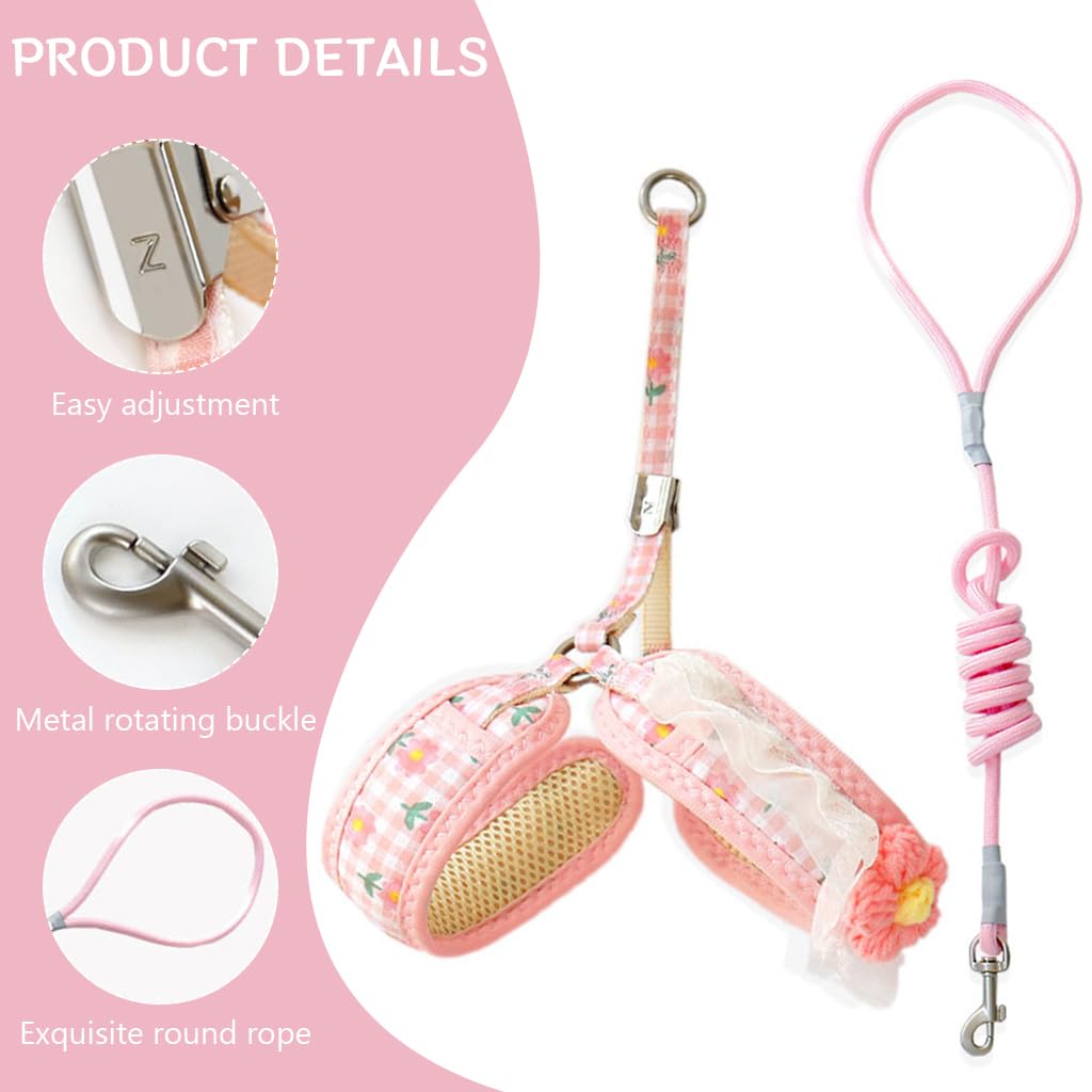 Qpets Cat Harness with Leash, Cute Flower Cat Belt Print Pink Pet Harness for Cat, Fashion Breathable Cat Leash with Harness Small Pet Walking Harness (S, Recommended Weight: 1.5-3.5KG)