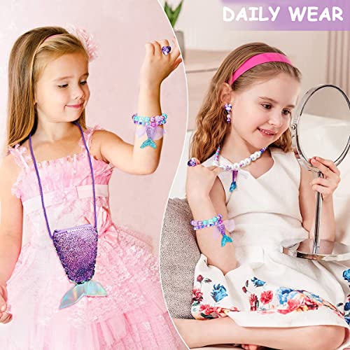 SANNIDHI® Mermaid Kids Jewelry Set Cute Pearl Necklace Bracelet for Girls Included Sling Bag Hair Bow Ring Earrings Princess Kit Theme Party Dress Up Christmas Gift 2PCS