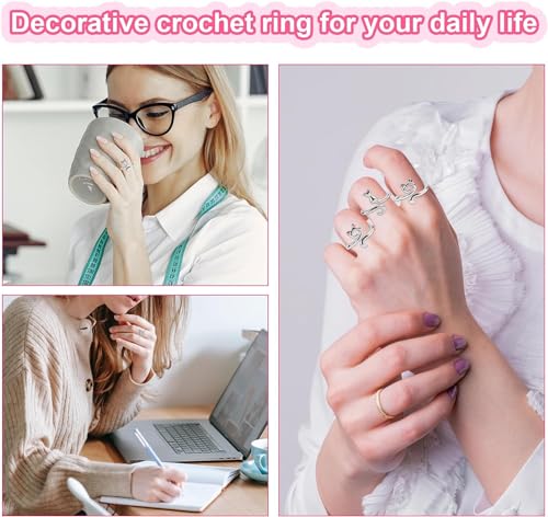 HASTHIP® 9PCS Crochet Rings for Tension Cute Cat Ring Adjustable Crochet Ring for Finger Metal Open Yarn Guide Crochet Rings Braided Faster Knitting Accessories for Crochet Mother Grandma Gifts