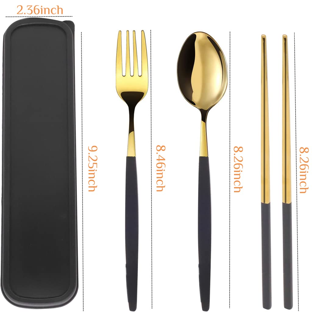 HASTHIP Premium Gold Stainless Steel Fork Spoon Portugal Three Piece Set Spoon Fork Chopsticks Outdoor Gift Set Flatware with Gift Box Dinnerware Cutlery Set Tableware Set (Black Gold)