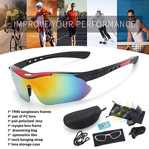 Proberos® Polarized Sports Sunglasses Non-polarized Anti Glare Riding for Driving with 5 Interchangeable Lenses Box UV Protection for Men Women 2PCS