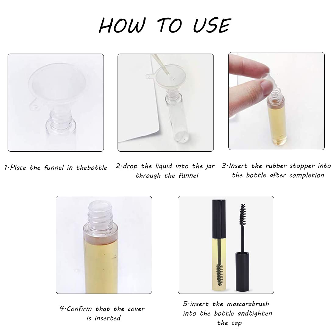 MAYCREATE 10ml Empty Mascara Bottle for Castor Oil Brush Kit Combo with Funnels Mascara Eyeliner For Women Travel (Including 5 Mascara Tubes 2 Funnels 2 Drippers)