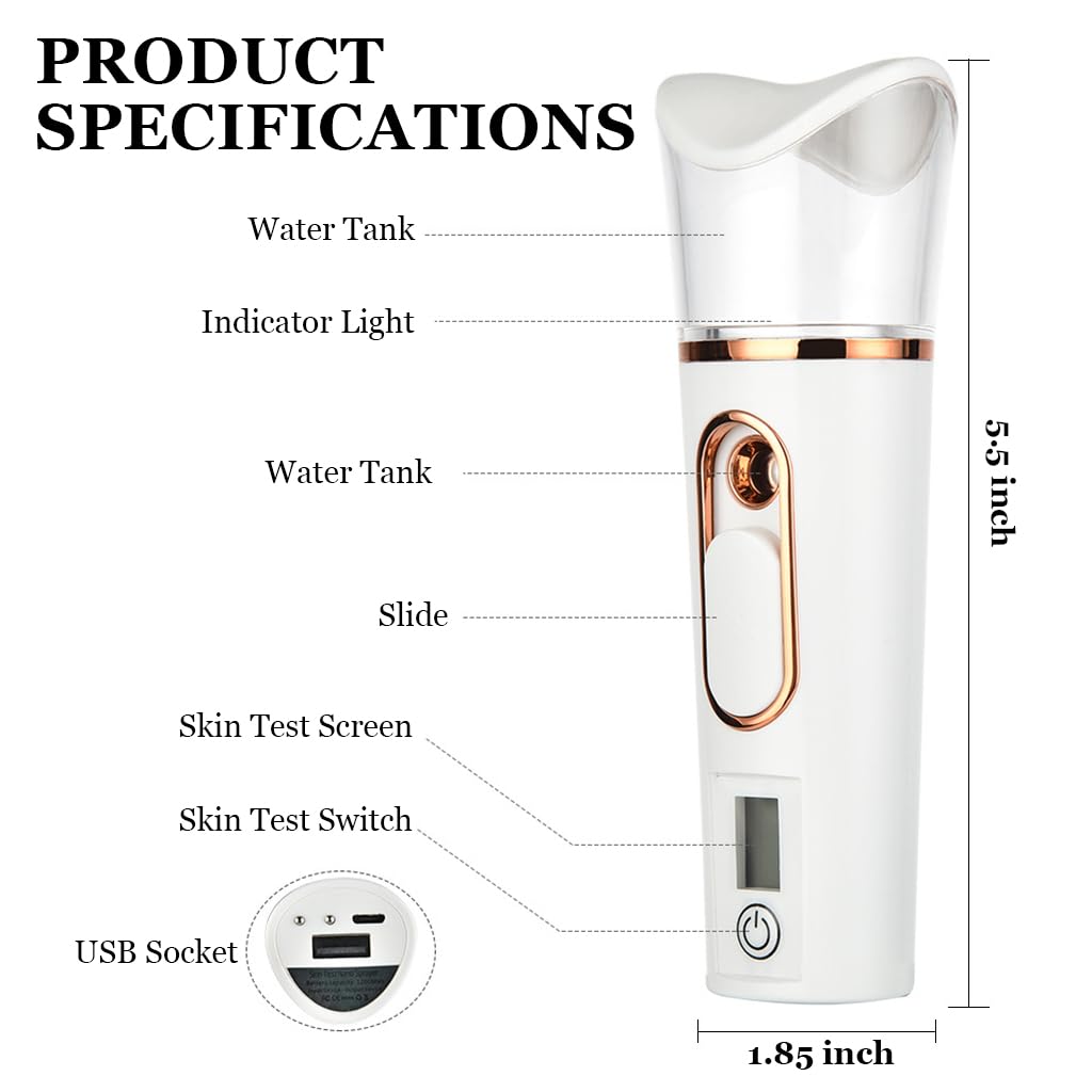 MAYCREATE Face Mist Sprayer Handy Nano Face Mist Spray Machine Cool Mister Portable Facial Steamer with Skin Moisture Tester for Face Moisturizing, Hydration Refreshing (1200mAh USB Rechargeable)