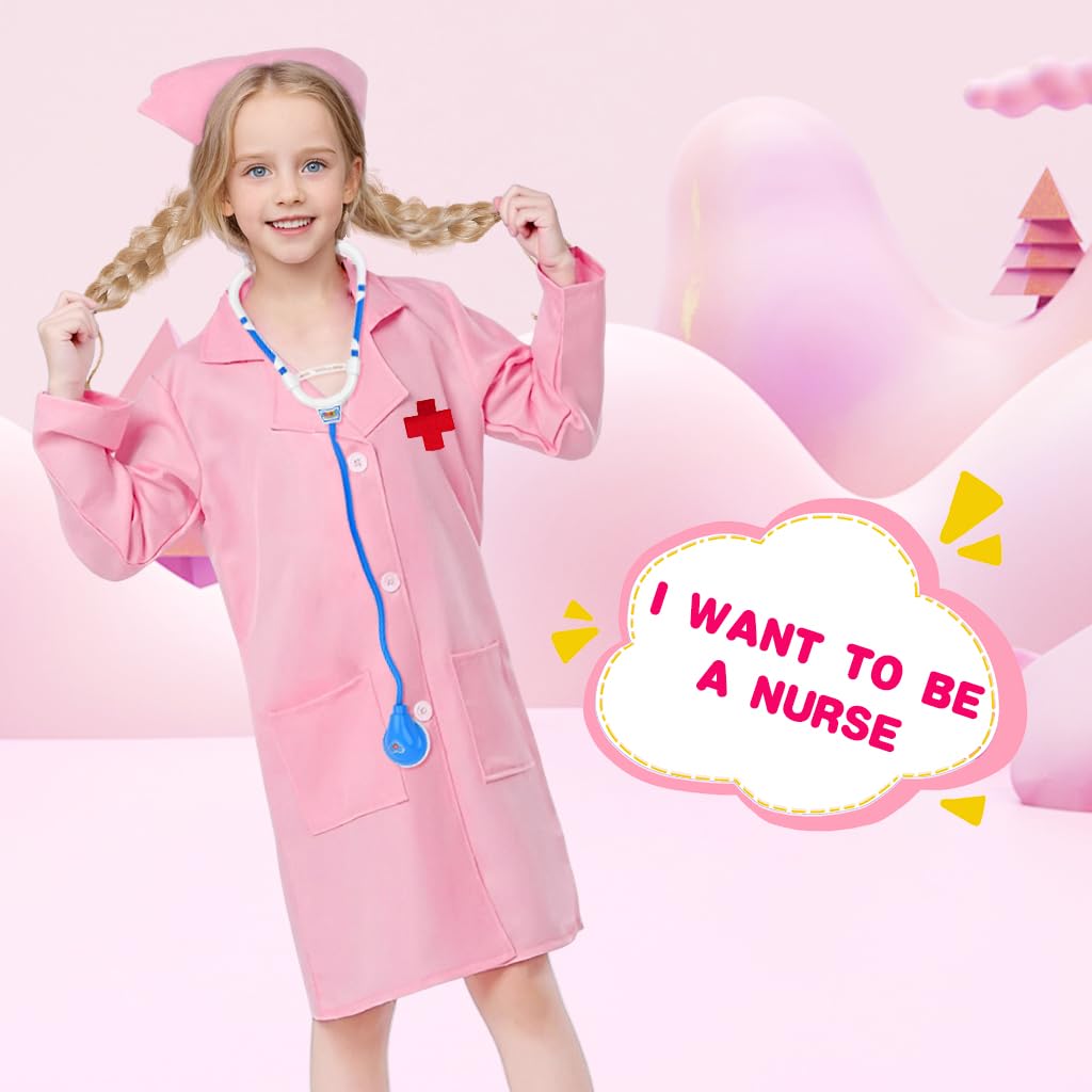 PATPAT Fancy Doctor Dress for Kids 6-7 Years Girls, Pink Nurse Dress for Kids Girls with Nurse Cap, Stethoscope, Mask, Injection - Cosplay Role Play, Special Events Party Career Exploration Costume