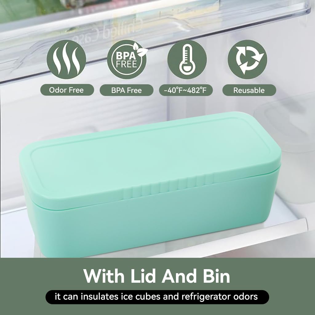 Ice Cube Tray for Tumbler Cup, 3 Pcs Silicone Cylinder Ice Mold with Lid and Bin for Freezer, Ice Drink, Juice, Whiskey, Cocktail, Summer Gifts (Green)