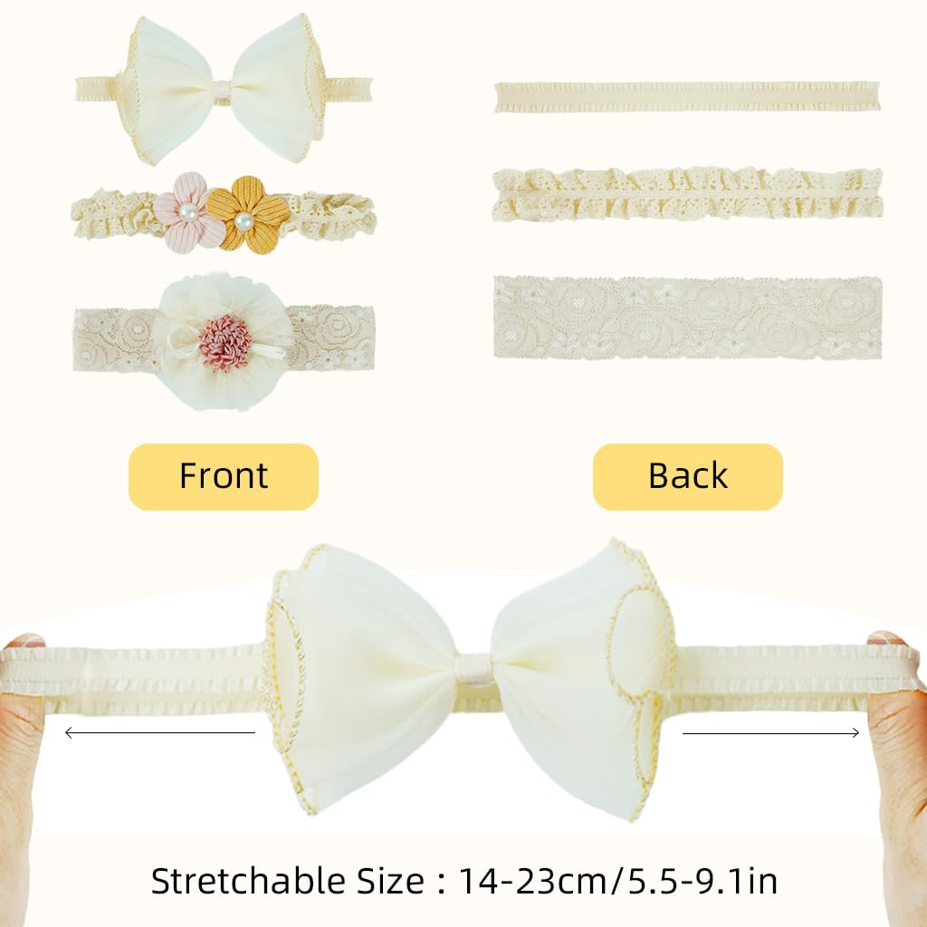 PALAY 3pcs Bow Hairband for Baby Girl, Lace Flower Headband for Baby Girl, Cute Elastic Newborn Hairband Hair Accessories for Baby Girl Toddlers Gifts