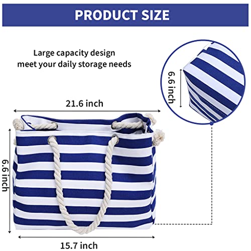 PALAY Tote Bag for Women Blue Stripy Cloth Bag Beach Bag for Women Hand Bag Braid Rope Strap Large Capacity Shopping Bag for Travel, Daily, Commuting