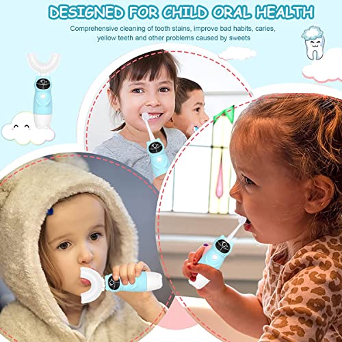 HANNEA Electric Toothbrush For Kids with 3 Brush Head, Soft Dupont Kids Electric Toothbrush with LED Light Design, Battery Powered U Shaped Toothbrush For Kids, Automatic Brush for Kid 8-12, 2-5