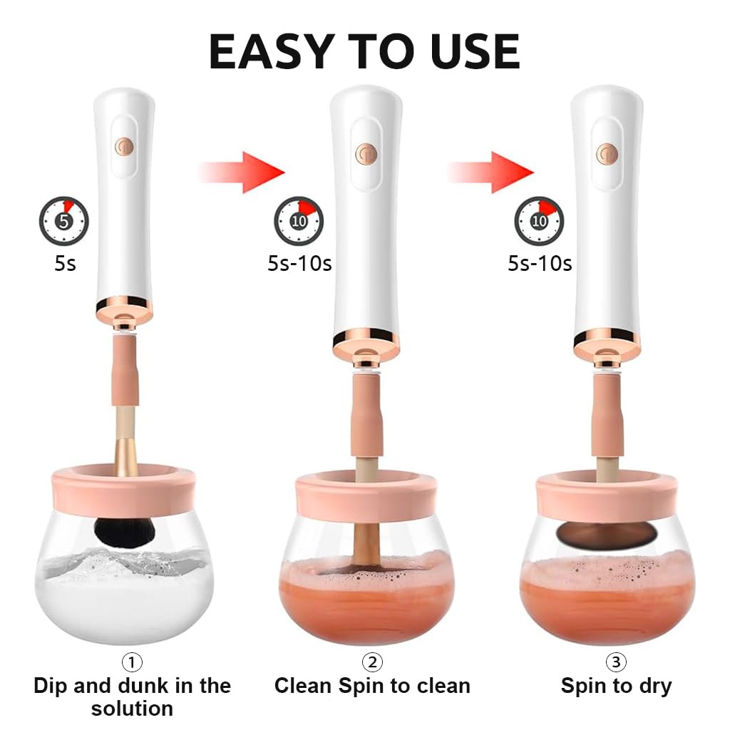 MAYCREATE 2-in-1 Upgraded Makeup Brush Cleaner and Dryer Machine, Electric Cosmetic Automatic Brush Spinner with 8 Size Rubber Collars, Wash and Dry in Seconds, Fit for All Size Brushes (Pink A)
