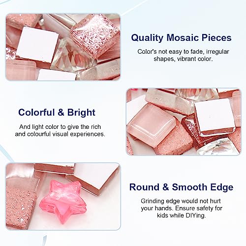 HASTHIP Glass Mosaic Tiles, Mosaic Kit with Wooden Coaster, Glitter Crystal Stained Mini Ceramic Tiles for Crafts, Mosaic Kits for Adults, DIY Coasters Kit, Pink