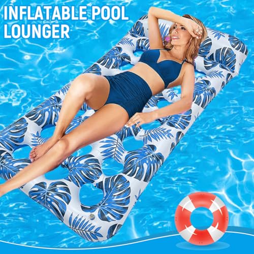 Proberos® Premium PVC Pool Lounger for Adults 160cm Extra-Long Inflatable Floating Bed with Headrest Sun Shade Heavy-Duty Float for Sunbathing Lake Beach Blue 2 PCS