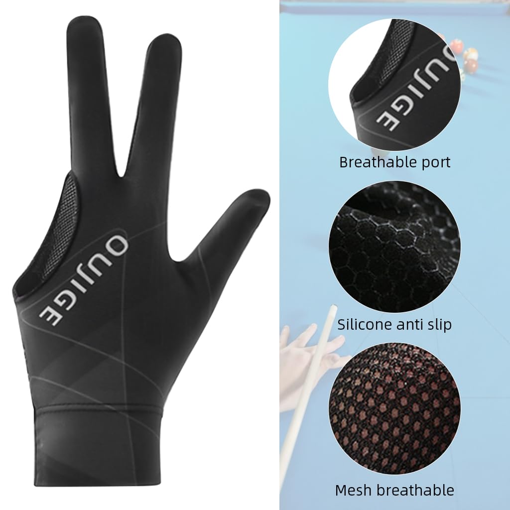 Proberos 1Pcs Billiard Glove Left Hand Full Finger Billiard 3-Finger Glove Single Hand Professional Snooker Glove Breathable Snooker Glove Anti-Slip Patch Design Unisex Billiard Glove