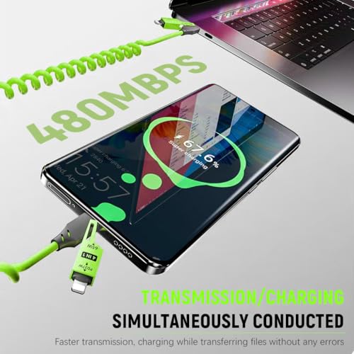 Verilux® 4 in1 Type C Cable with Spring PD65W Fast Charging 480Mbps Data Transfer USB to Multi Adjustable Light-ning Port for iPhone 16 15 Green 2PCS
