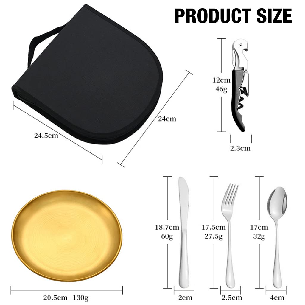 Proberos 10Pcs Cutlery Set for 2 Person with Portable Bag, Food-Grade Stainless Steel Picnic Set Include Plate Knife Fork Spoon Opener Wine Opener, Lightweight Cutlery Set for Camping Picnic Travel