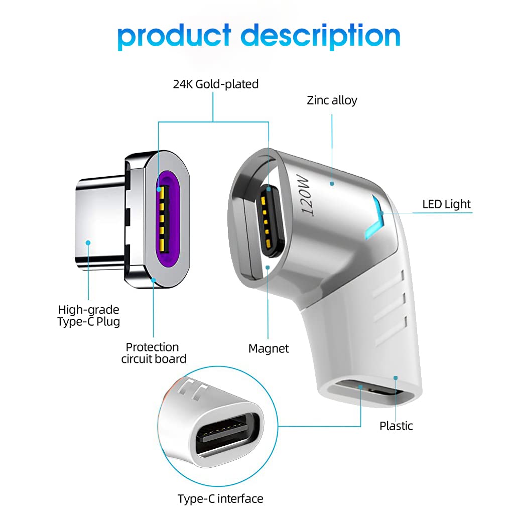 Verilux Type C Adapter Right Angle Magnetic 90 Degree USB C Adapter Type C Connector with PD 120W Fast Charge, 480Mbps Data Transfer for MacBook Pro/Air and USB C Smartphone, Laptop, Tablet White