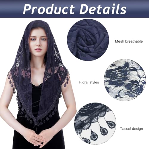 PALAY Lace Mantilla Mass Veil Triangle Head Scarf for Women Tassle Rose Jacquard Church Veil Cathedral Headwear Head Covering for Ladies - Navy Blue