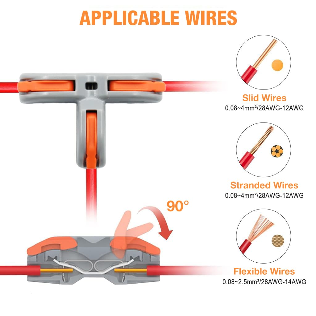 Serplex 30Pcs Wire Connectors T-Shape 3 Way Wire Conductor Quick Cable Splitter Electrical Connectors Push-in Terminal Block Wire Connectors Universal Wire Connector for AWG 28-12 Cable