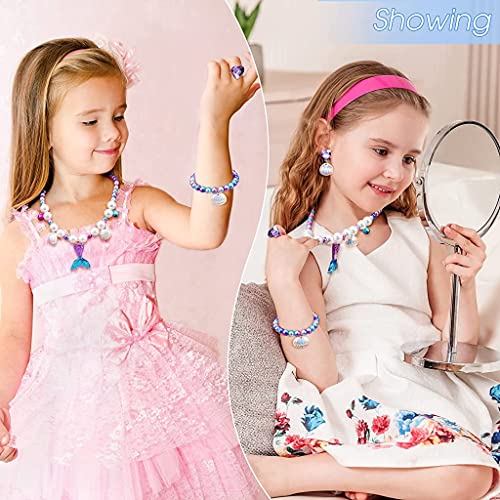 SANNIDHI® Mermaid Necklace Bracelet Kids Jewellery for Girls Set of 5 Pearl Beads Seashell Earrings Ring Kit Party Costume Jewelry Toddler Birthday Christmas Gift 2 PCS