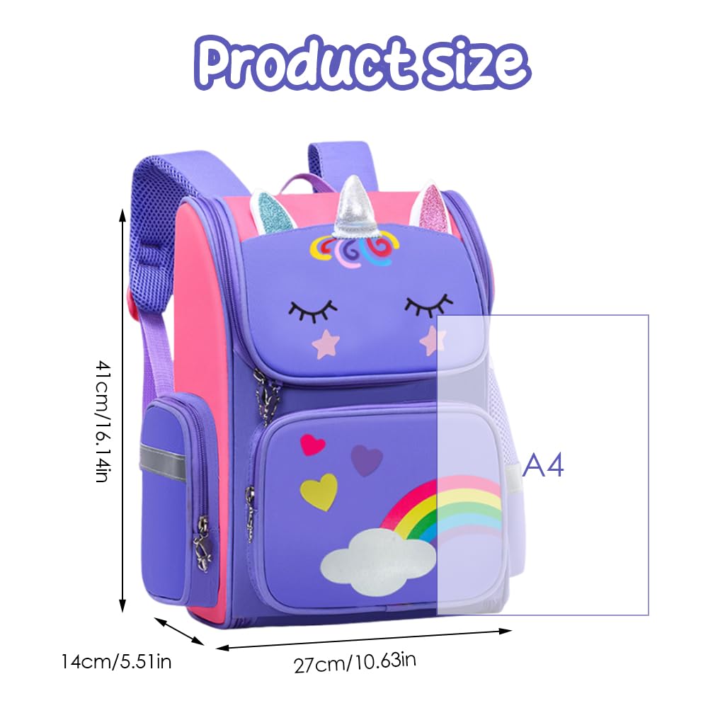 PALAY Girls School Backpack Unicorn Cartoon Backpack Primary Bookbag Waterproof Backpack for School, Travel, Camping, Burden-relief Backpack School Gift for Kids 7-12 Years Old