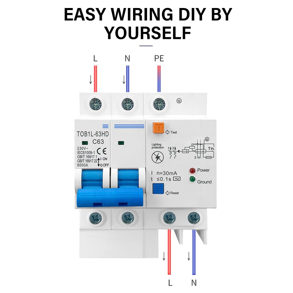 Serplex 63A Circuit Breaker Switched Circuit Breaker with Surge Protector RCBO MCB with Leakage/Lightning Protection Wiring Circuit Breaker, Safe Flame Retardant PC Circuit Breaker