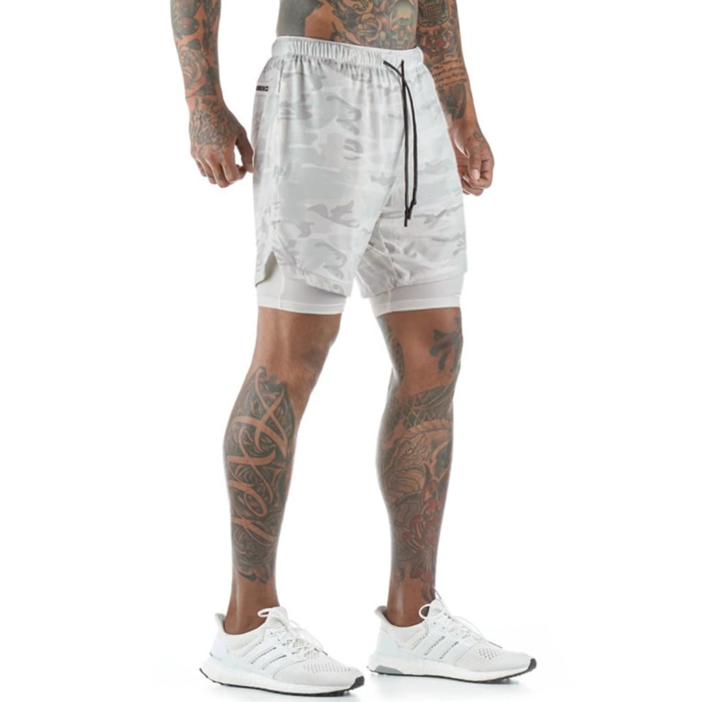 Optifit Running Shorts for Men with Multi Pocket, 2 Layer Invisible Sport Shorts Pants with Invisible Pocket for Running Hiking Gym Yoga Outdoor Exer, Quick Dry & Breathable Material (XL) White