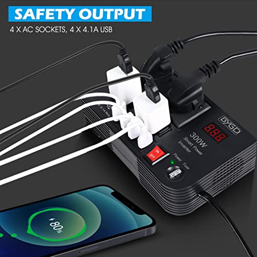 STHIRA® 300W Car Inverter Car Charging Adapter with Switch Car Cigarette Lighter Charging Adapter with 4 USB Port, Outlet & Fuse DC 12V to 220V Car Inverter with LED Voltage Display