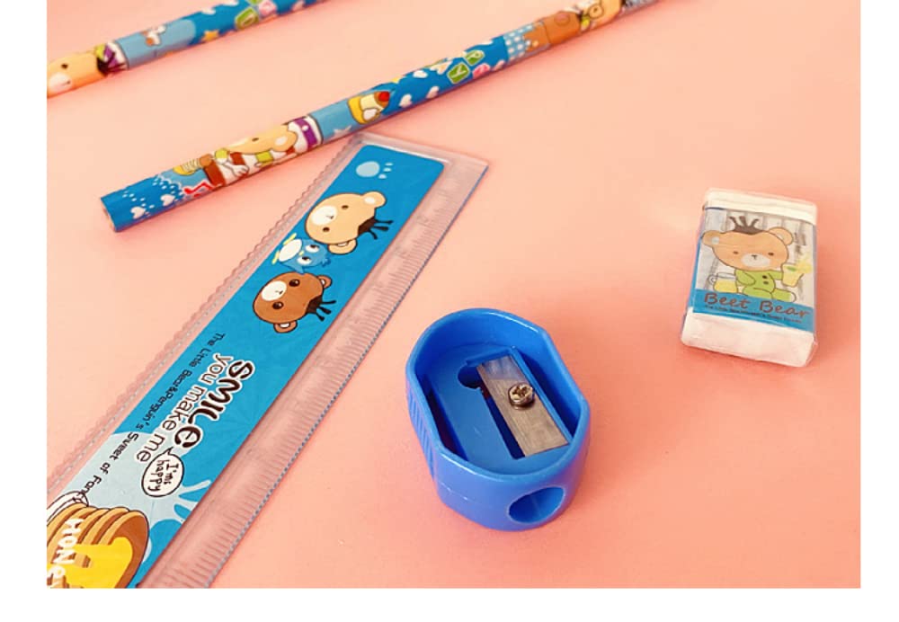 HASTHIP 6PCS Pencil Set for Girls, Pencil for Kids Girls, Stationary Set for Girls, Include 2 Pencils, 1 Pencil Sharpener, 1 Notebook, 1 Cartoon Ruler, 1 Eraser (Blue)