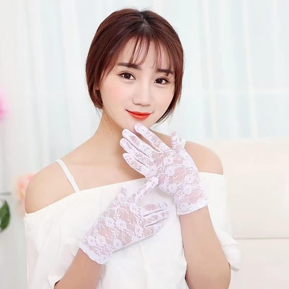 ZIBUYU Lace Gloves for Bride Marriage Dress Gathered Rhinestone Lace Sequins Satin Bridal Party Wedding(white)