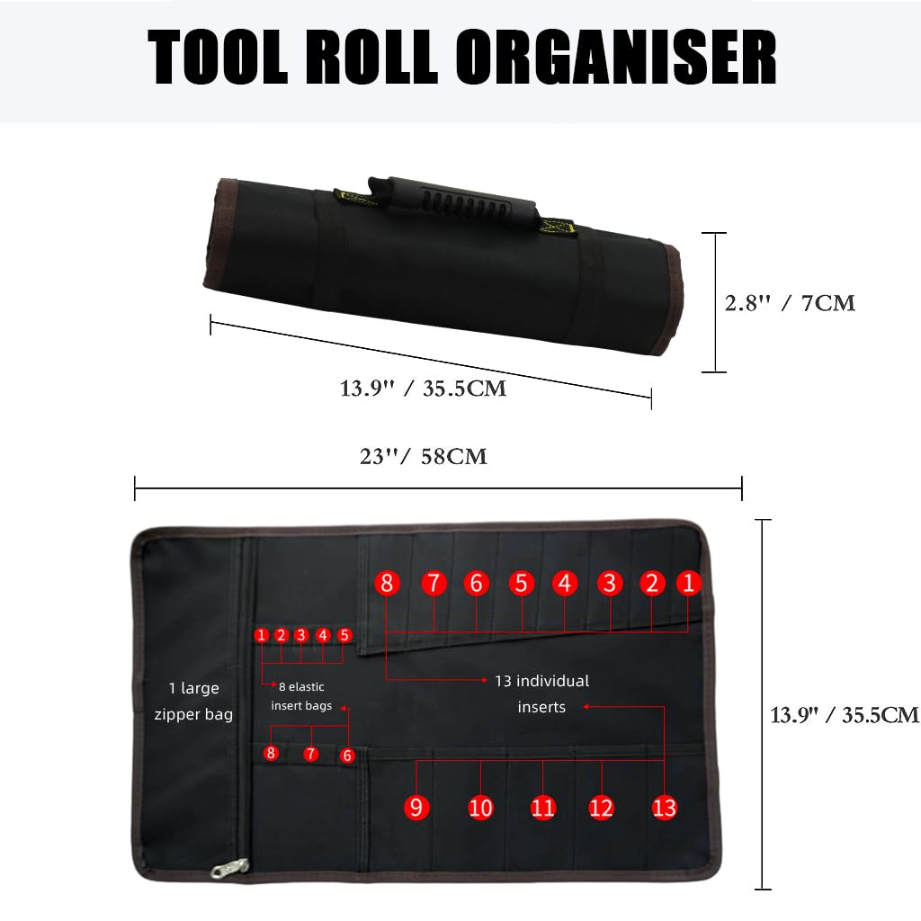 ZIBUYU Tools Bag 22 Pockets Tool Bag for Technician Electrician, Black Roll Up Storage Pouch, Waterproof Oxford Fabric Portable Screwdriver Spanner Tool Wrap Roll Organizer with Lift Handle