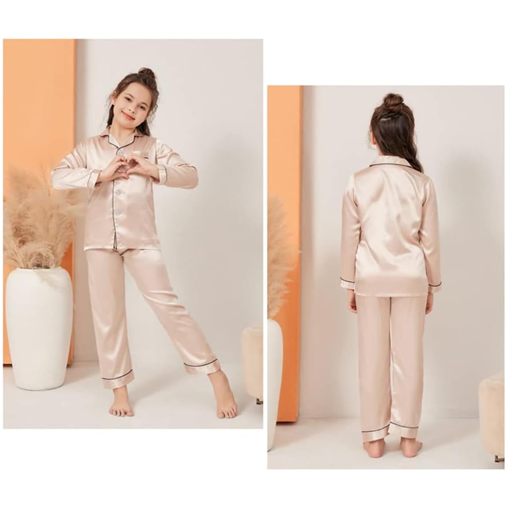 PALAY Girls Satin Pyjamas Sets Girls Boys Long Sleeve Button-Down Pjs Set 2PCs Silky Nightwear Sleepwear for 3-13Years, Champagne - 150