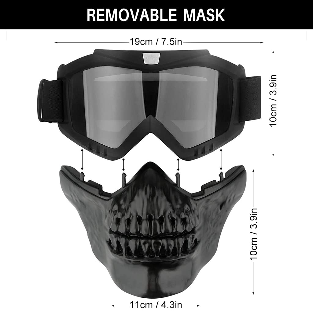 Proberos protective Goggles for Men Women with Detachable Mask, UV Protection Goggles for Motorcycle Bike, Skull Style Full Cover Goggles Helmet Goggles for Dirt Bike off road skiing (Black)