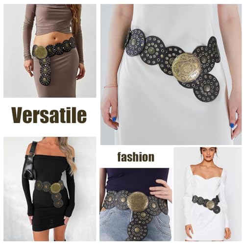 SANNIDHI® Women Leather Belt Dresses Stylish Vintage Boho Disk Concho Waist Western Punk Cow Metal Buckle Y2K Accessories Jeans Skirts Black 2PCS