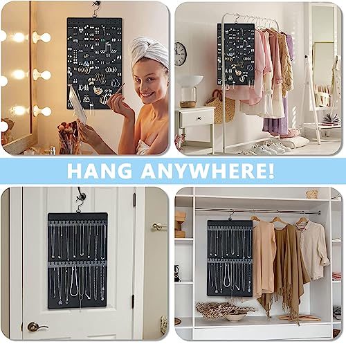 HASTHIP® 2PCS Hanging Jewellery Organiser Dual-Sided Necklace Earrings Large Felt Hanger for Closet Wall Door Holds Up to 300 Pairs and 30 Necklaces
