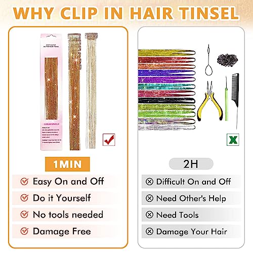 MAYCREATE® 12PCS Hair Tinsel Extensions Brown Glitter Strands 20.5 inch Clip-on Shiny Heat Resistant Fairy Kit for Women Girls Halloween Cosplay Party