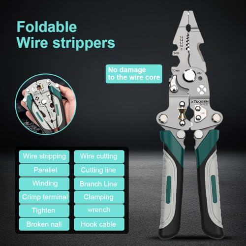 Serplex® Multifunctional Wire Stripper Tool, Carbon Steel Wire Cutter Stripping Tool, Folding Rubberized Handle, Electric Cable Stripping Crimping Tool with Lock, Multi Electricity Tool
